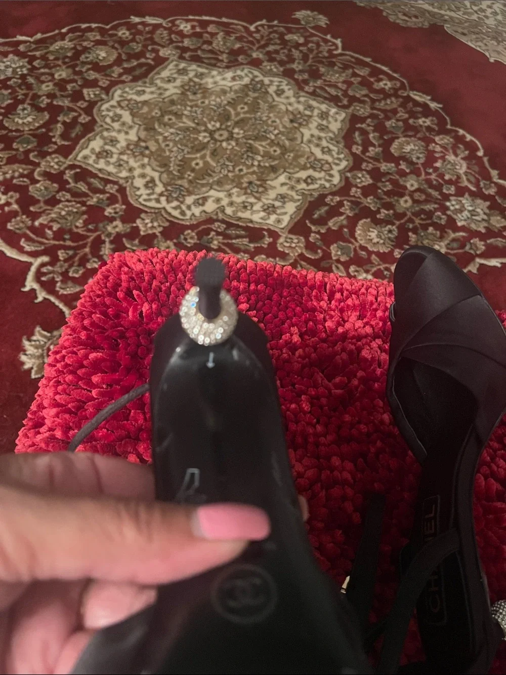 CHANEL Black Satin Peep-Toe Slingback Heels with Rhinestone Accent